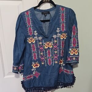 Calessa Blue Embroidered Chambray Women's Top S